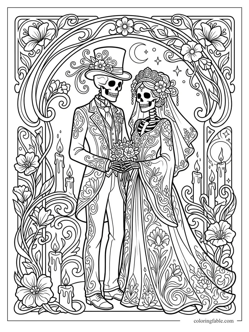 Intricate art nouveau skeleton bride and groom with flowers, candles, crescent moon, and ornate arch