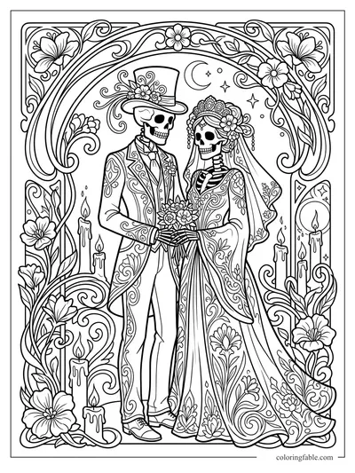 Intricate art nouveau skeleton bride and groom with flowers, candles, crescent moon, and ornate arch