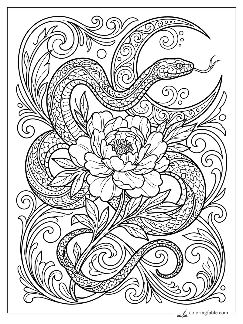 Intricate art nouveau snake wrapped around a large peony with leaves, scales, dots, and curling vines.