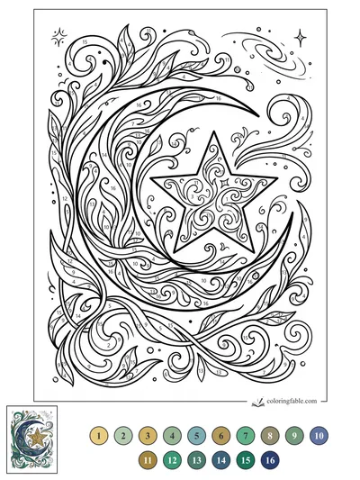 Art Nouveau Star in a Crescent of Vines — color by number