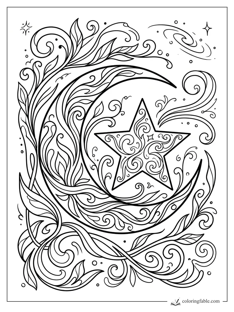 Art nouveau star inside a crescent moon with swirling vines, leaves, dots, and small galaxies