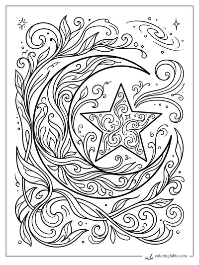Art nouveau star inside a crescent moon with swirling vines, leaves, dots, and small galaxies
