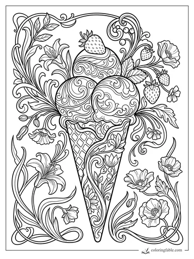 Intricate art nouveau ice cream cone with three swirled scoops, strawberries, lilies, poppies, and curling vines.
