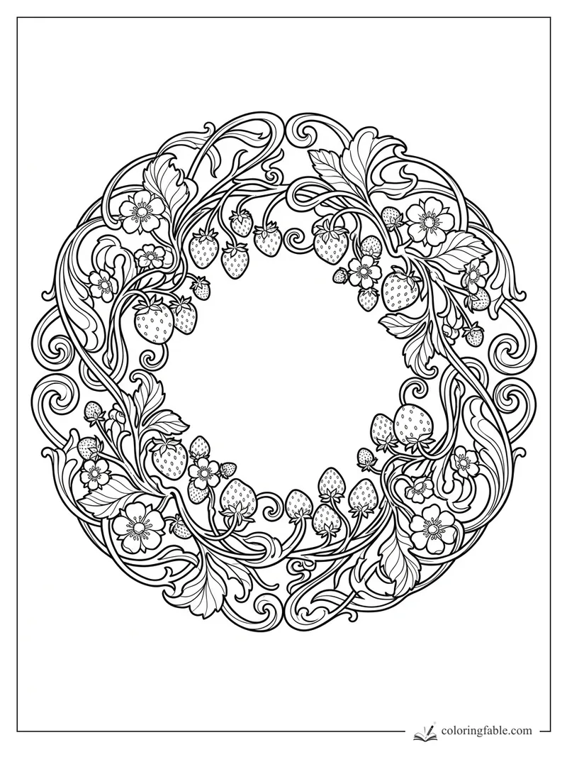 Intricate art nouveau strawberry wreath with curling vines, blossoms, leaves, and berries around an open center.