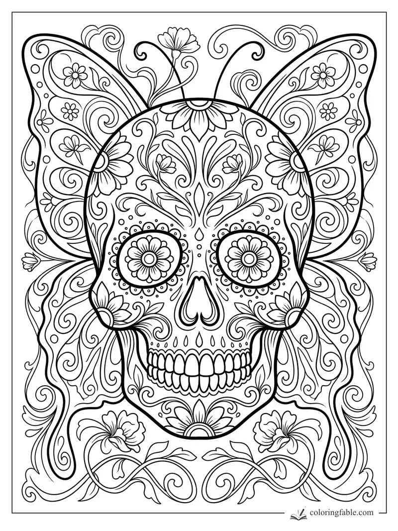 Intricate art nouveau sugar skull with floral eyes, curling vines, and butterfly-like wings