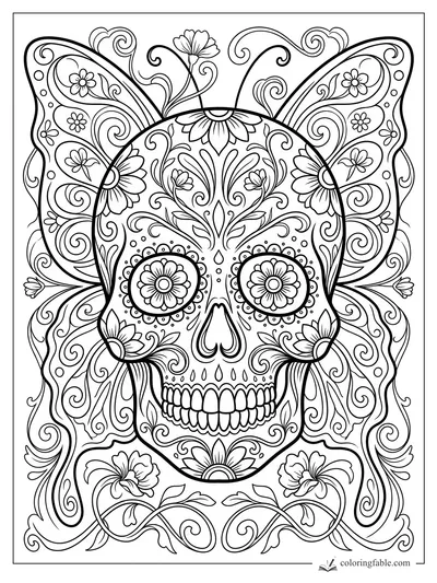 Intricate art nouveau sugar skull with floral eyes, curling vines, and butterfly-like wings
