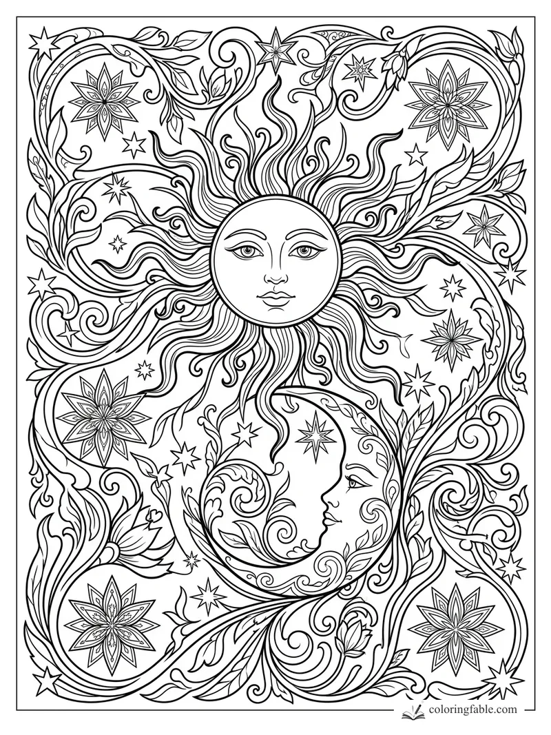 Intricate art nouveau sun face, crescent moon, stars, flowers, and curling leafy vines coloring page