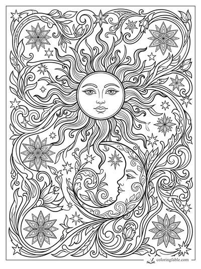 Intricate art nouveau sun face, crescent moon, stars, flowers, and curling leafy vines coloring page