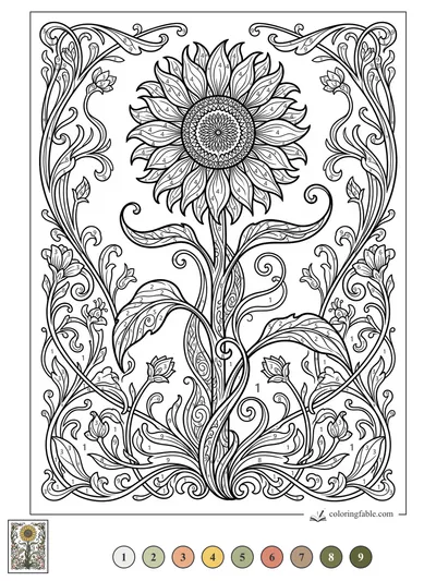 Art Nouveau Sunflower with Curling Vine Border — color by number