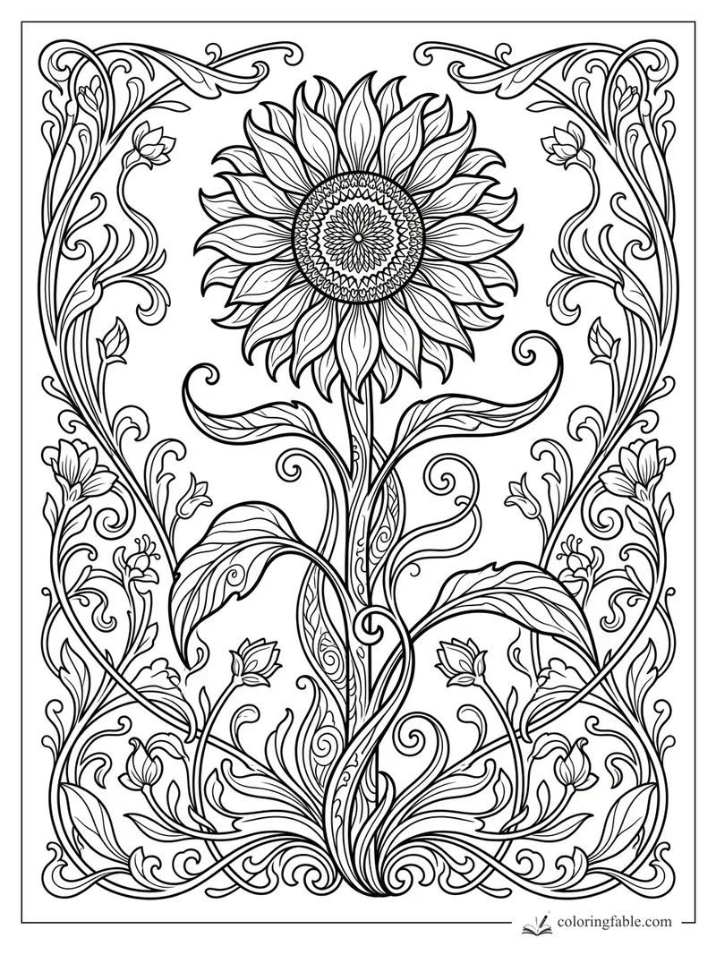 Intricate art nouveau sunflower with patterned center, curling leaves, buds, and mirrored vine border.