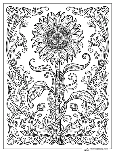 Intricate art nouveau sunflower with patterned center, curling leaves, buds, and mirrored vine border.