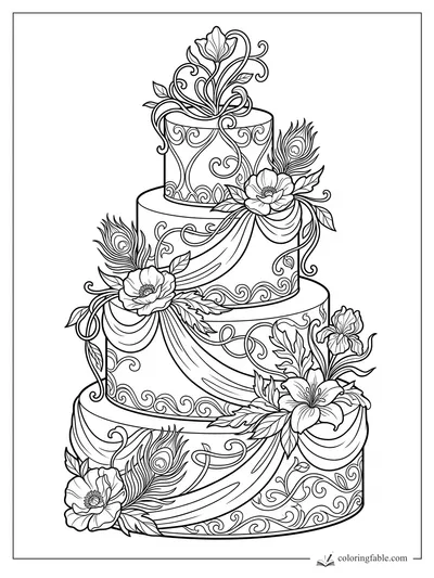 Intricate art nouveau tiered cake with draped icing, peacock feathers, lilies, roses, leaves, and curling scrollwork.