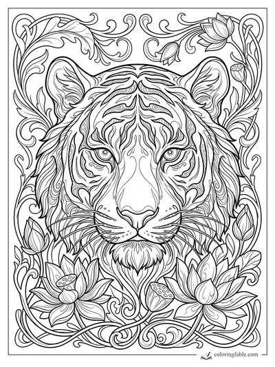 Intricate art nouveau tiger face framed by curling vines, lotus flowers, and seed pods