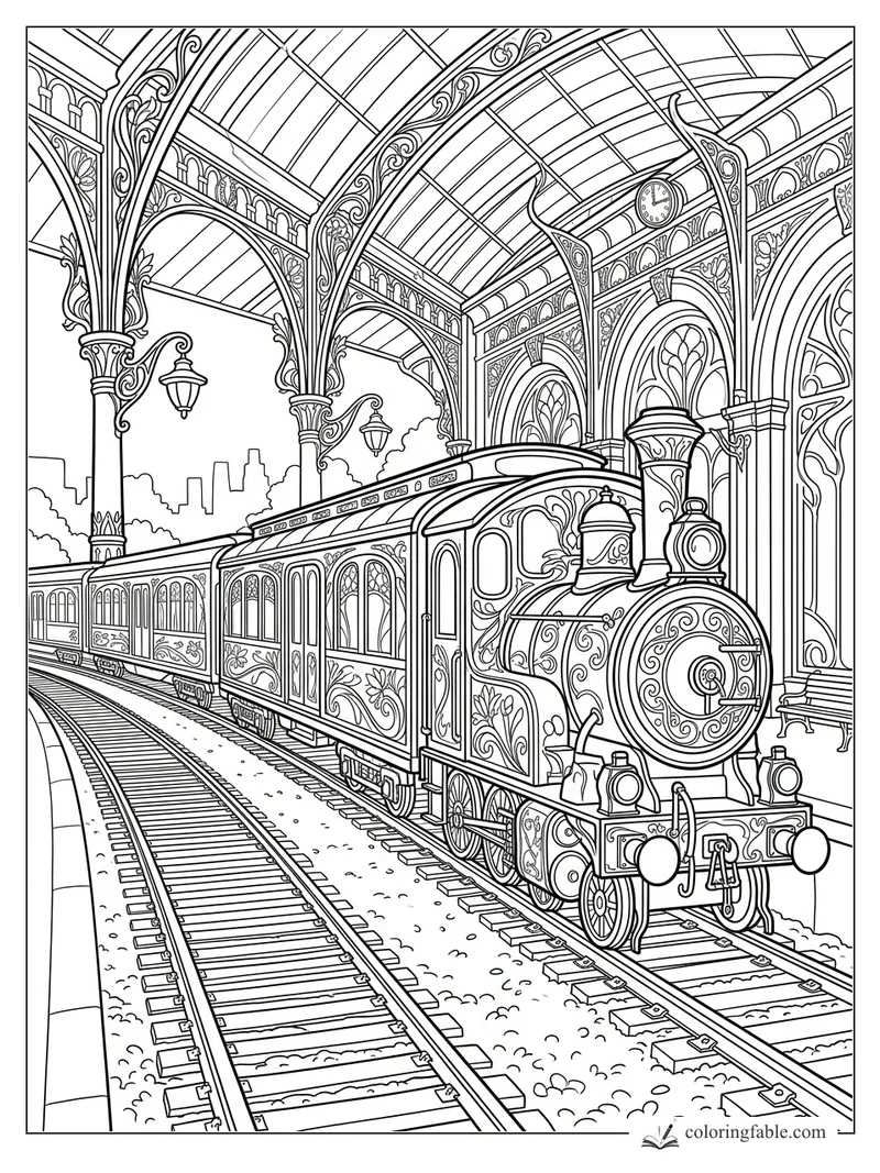 Intricate Art Nouveau steam train at a grand station with arched ironwork, clock, lamps, and curved tracks.