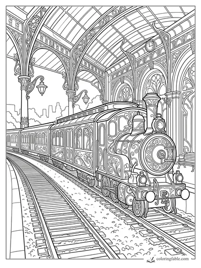 Intricate Art Nouveau steam train at a grand station with arched ironwork, clock, lamps, and curved tracks.