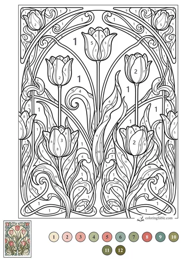 Art Nouveau Tulips Under Arched Vines — color by number