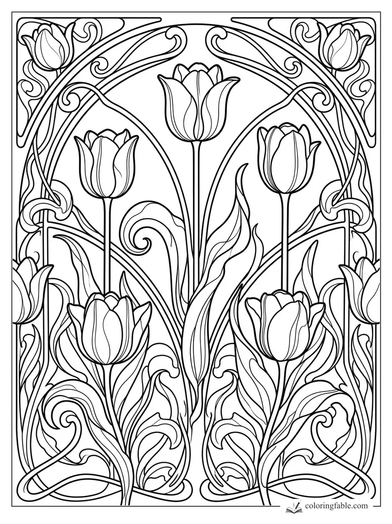 Intricate art nouveau tulips with tall stems, curled leaves, and arched ornamental vines