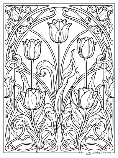 Intricate art nouveau tulips with tall stems, curled leaves, and arched ornamental vines