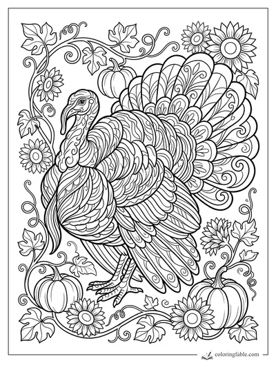Intricate art nouveau turkey with pumpkins, sunflowers, maple leaves, and curling harvest vines.