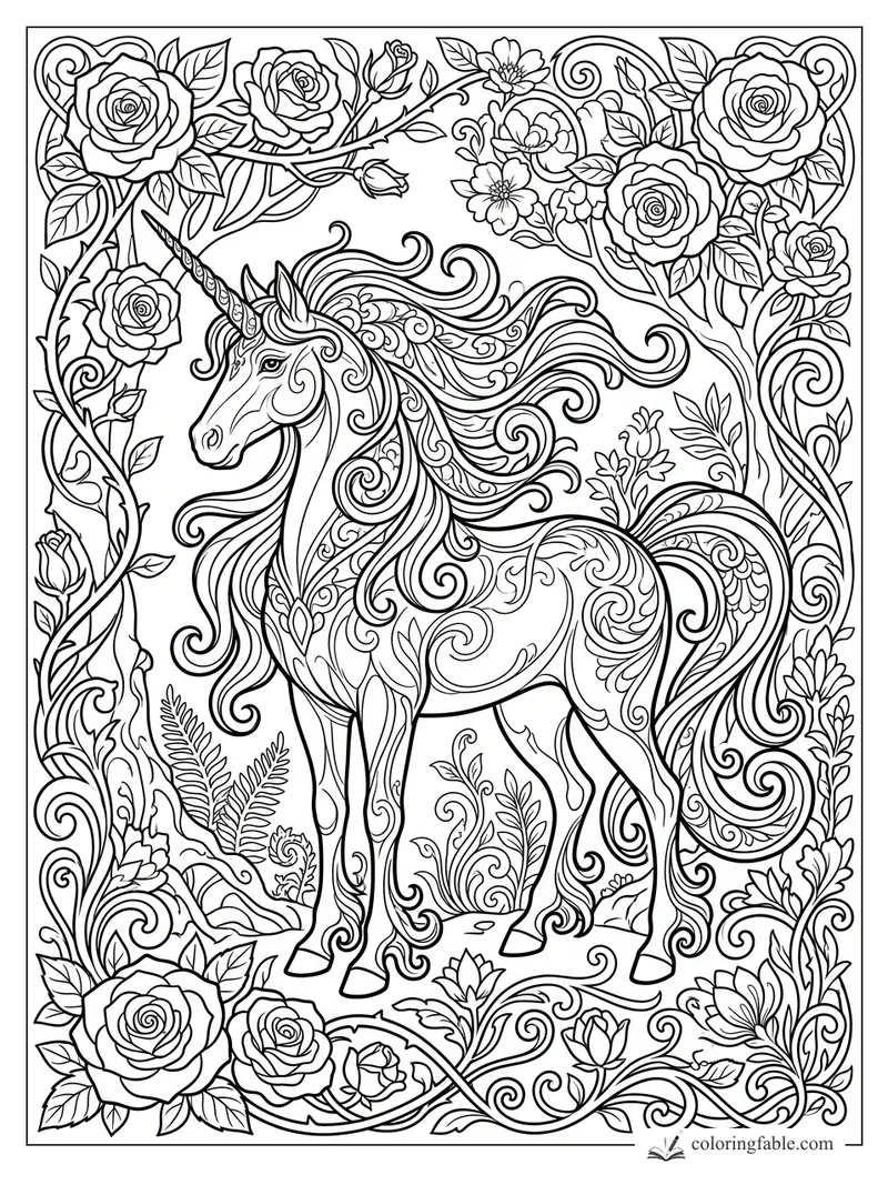 Intricate art nouveau unicorn with flowing mane, spiral horn, roses, leaves, and curling vines
