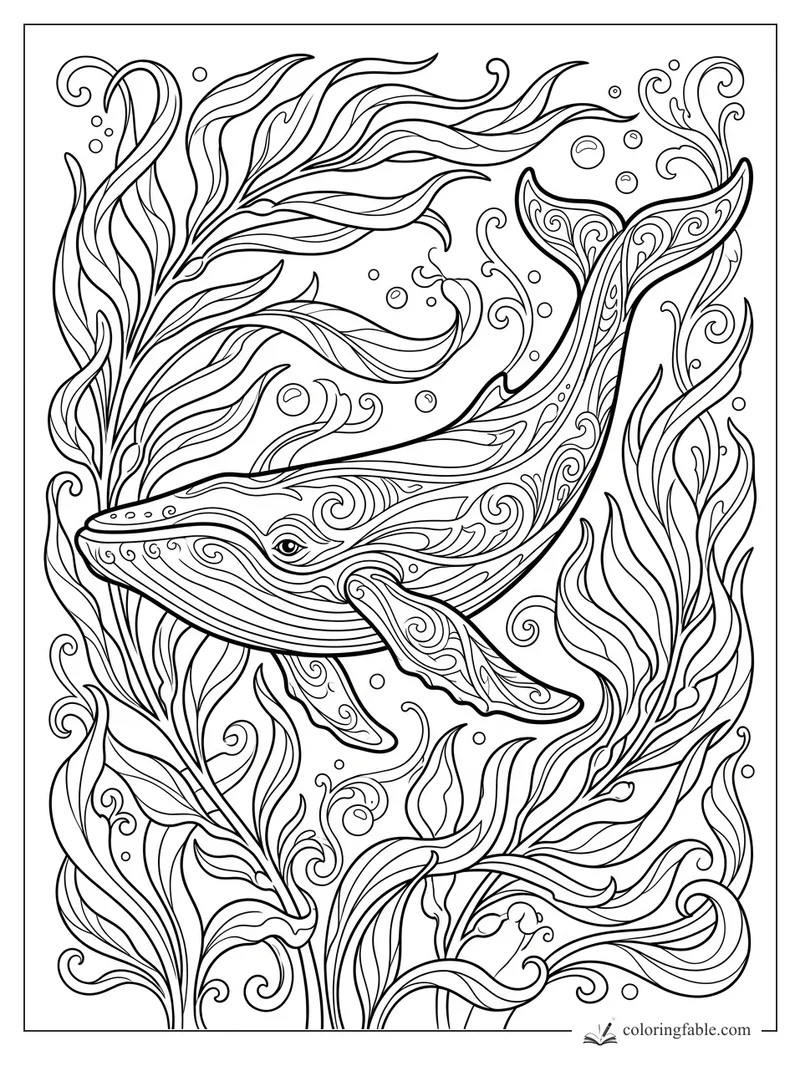 Intricate art nouveau whale swimming through curling kelp, bubbles, and flowing fin patterns