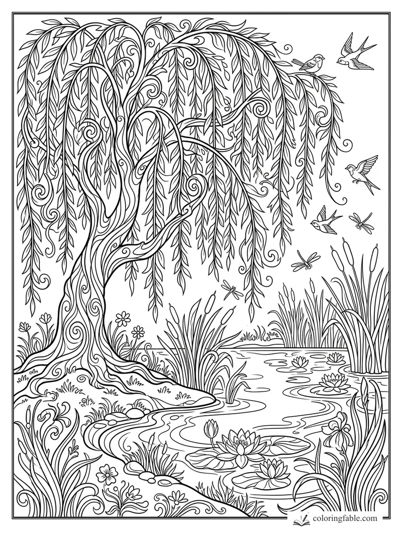 Intricate art nouveau willow tree by a pond with birds, dragonflies, cattails, and water lilies.