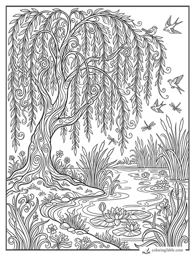 Intricate art nouveau willow tree by a pond with birds, dragonflies, cattails, and water lilies.