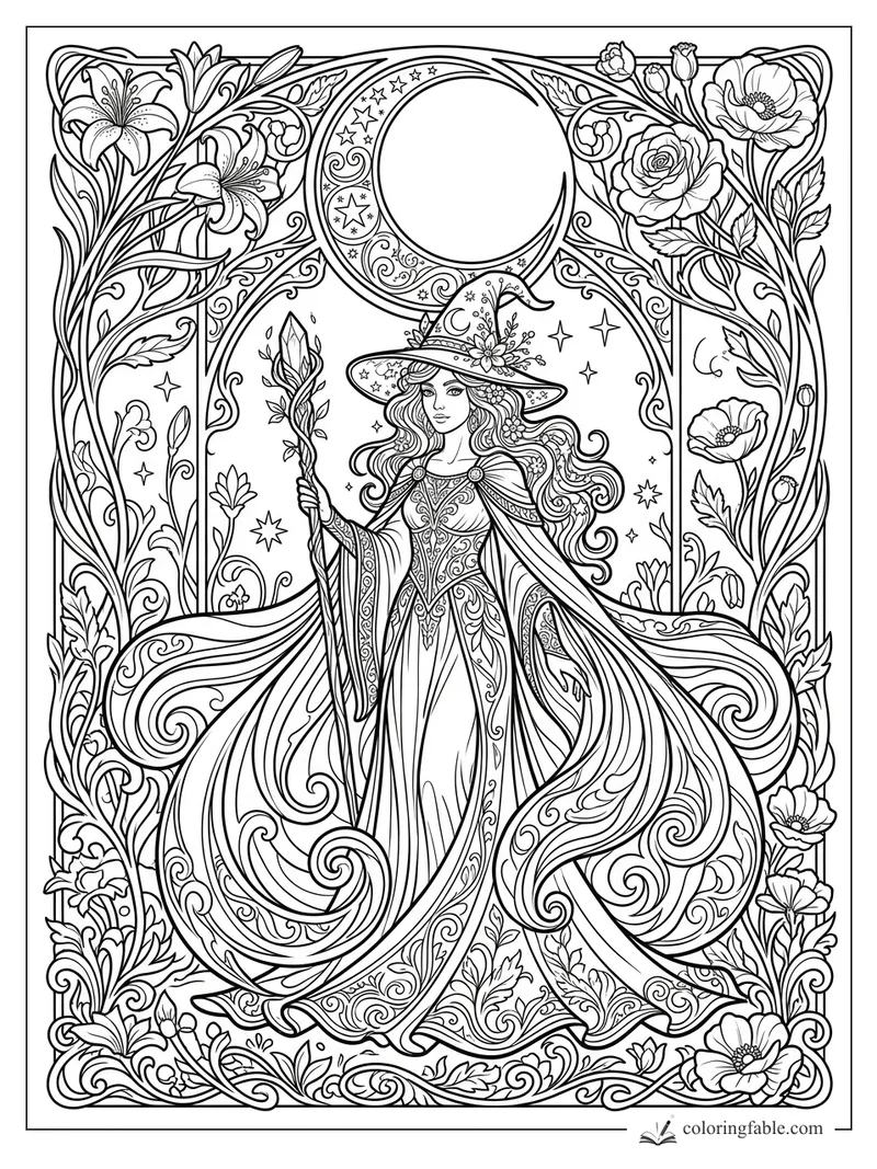 Intricate art nouveau witch with staff, flowing cloak, moon arch, stars, lilies, roses, and poppies