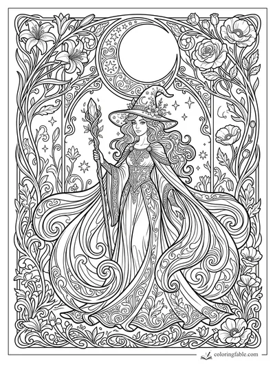 Intricate art nouveau witch with staff, flowing cloak, moon arch, stars, lilies, roses, and poppies