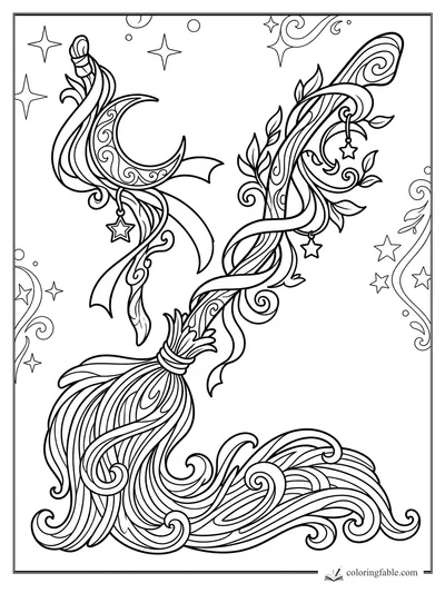 Intricate art nouveau witch broom with crescent moon, stars, ribbons, leaves, and swirling bristles
