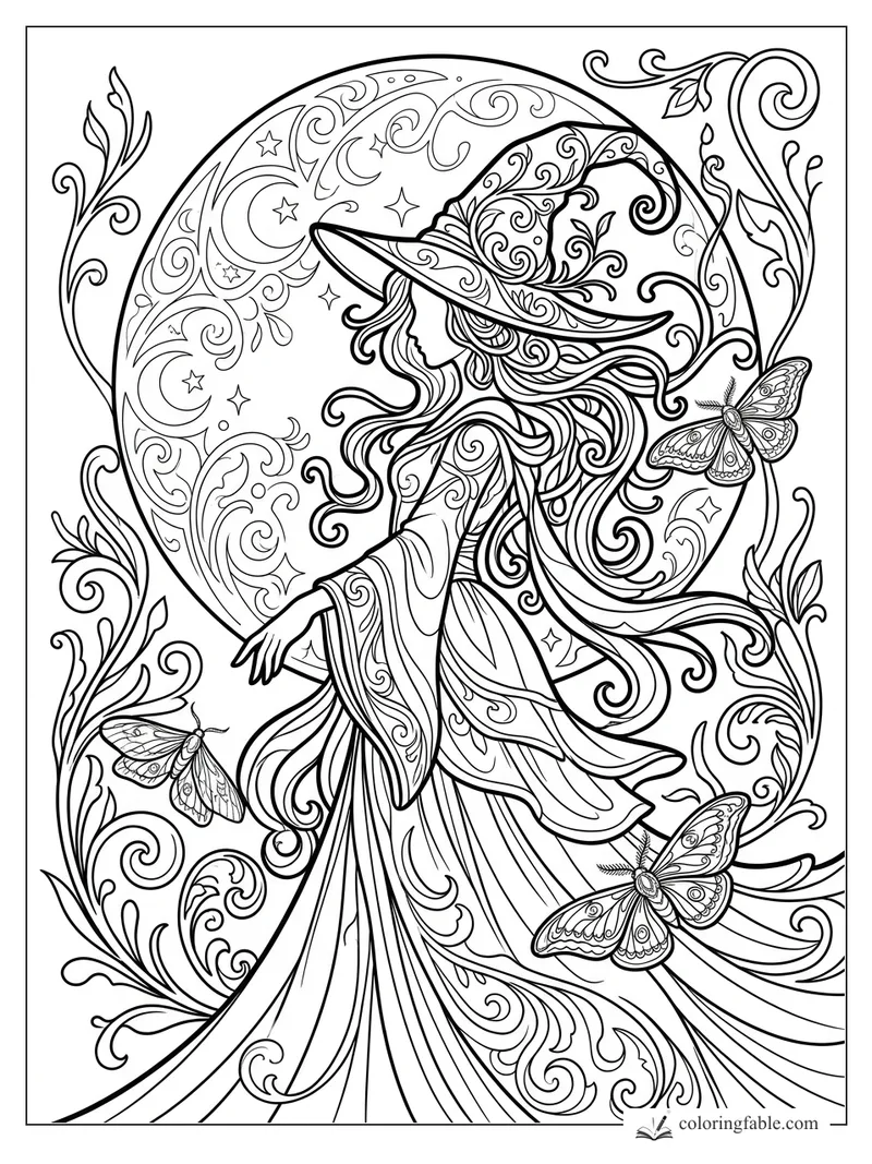 Intricate art nouveau witch in a wide hat before a crescent moon, with swirling vines, stars, and moths.
