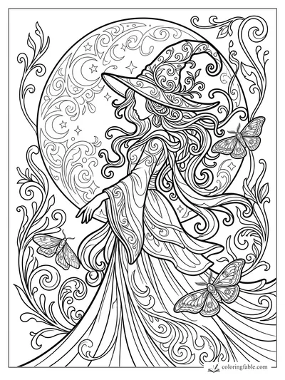 Intricate art nouveau witch in a wide hat before a crescent moon, with swirling vines, stars, and moths.