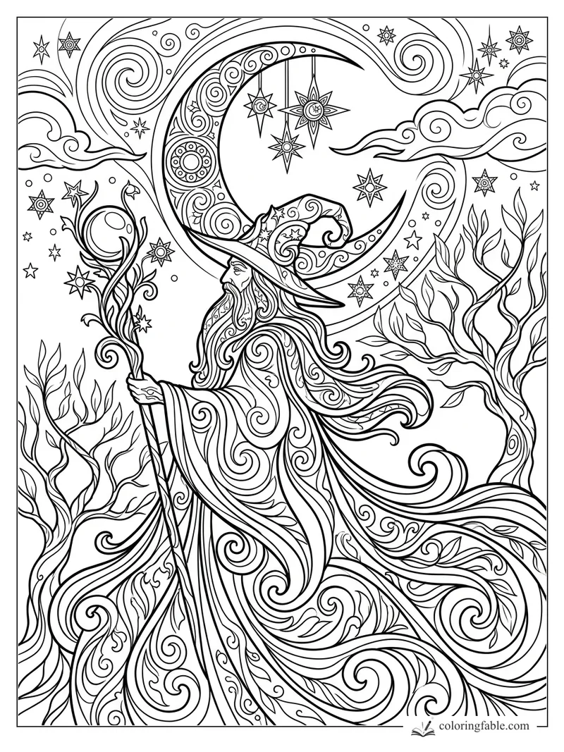 Art nouveau wizard with vine staff under a crescent moon, hanging stars, clouds, and bare trees