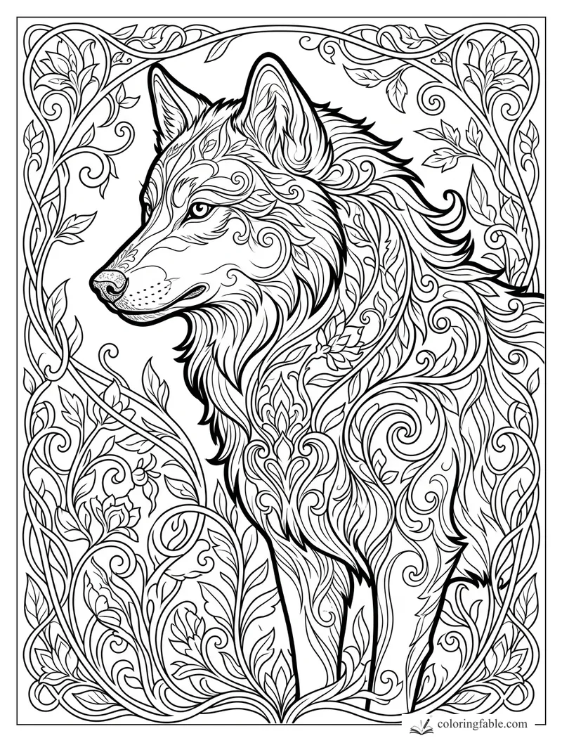 Intricate art nouveau wolf with swirling fur, pointed ears, leafy vines, and a floral border