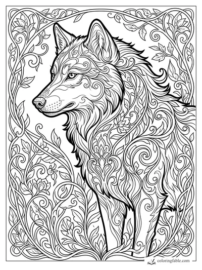 Intricate art nouveau wolf with swirling fur, pointed ears, leafy vines, and a floral border