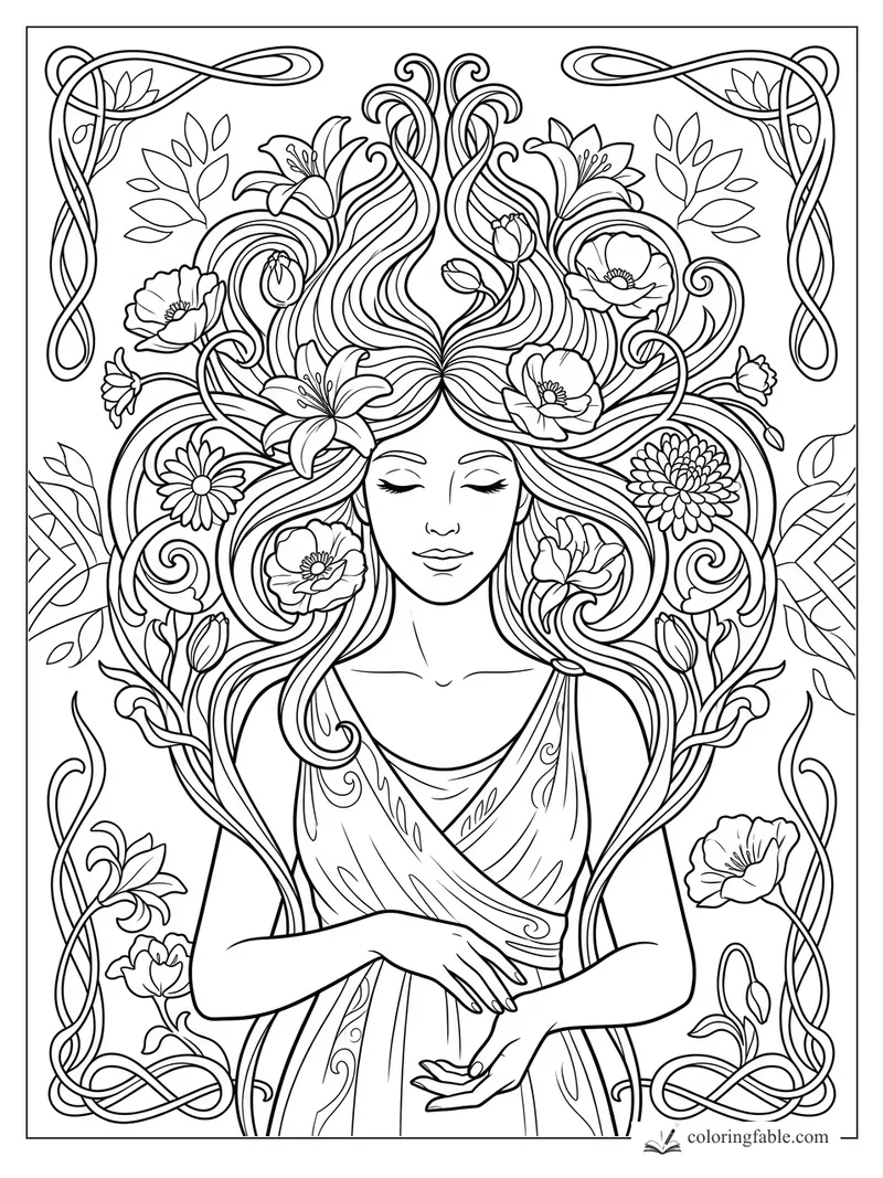 Art Nouveau woman with closed eyes, flowing hair, lilies, poppies, daisies, and ornate vine borders