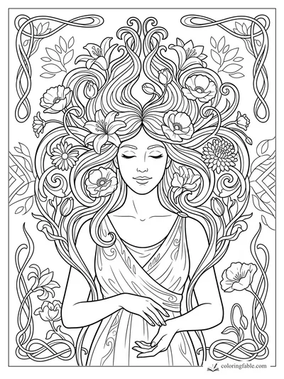 Art Nouveau woman with closed eyes, flowing hair, lilies, poppies, daisies, and ornate vine borders