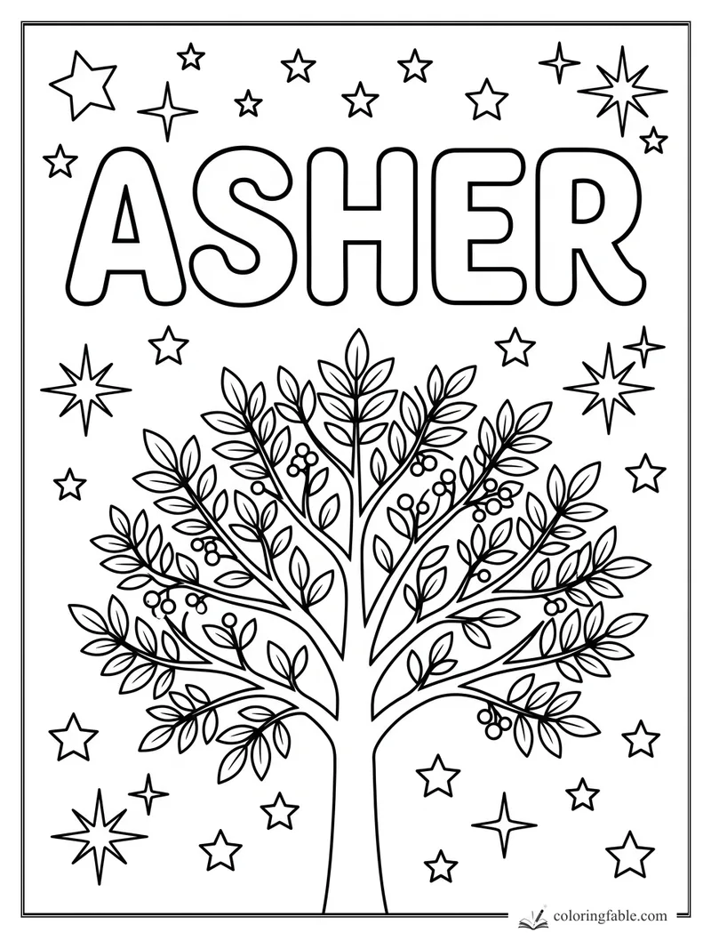 Asher bubble letters above a leafy tree with berries and many stars