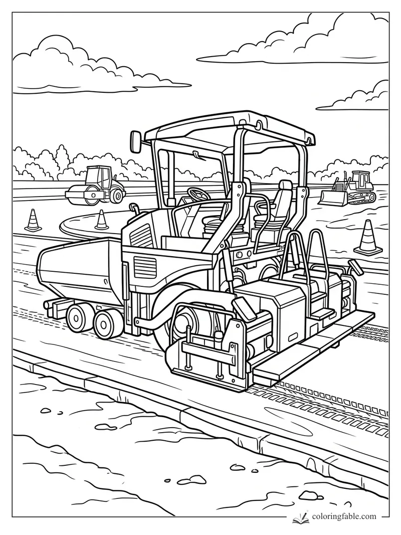 Asphalt paver with canopy, roller, bulldozer, traffic cones, curb, clouds at a road construction site