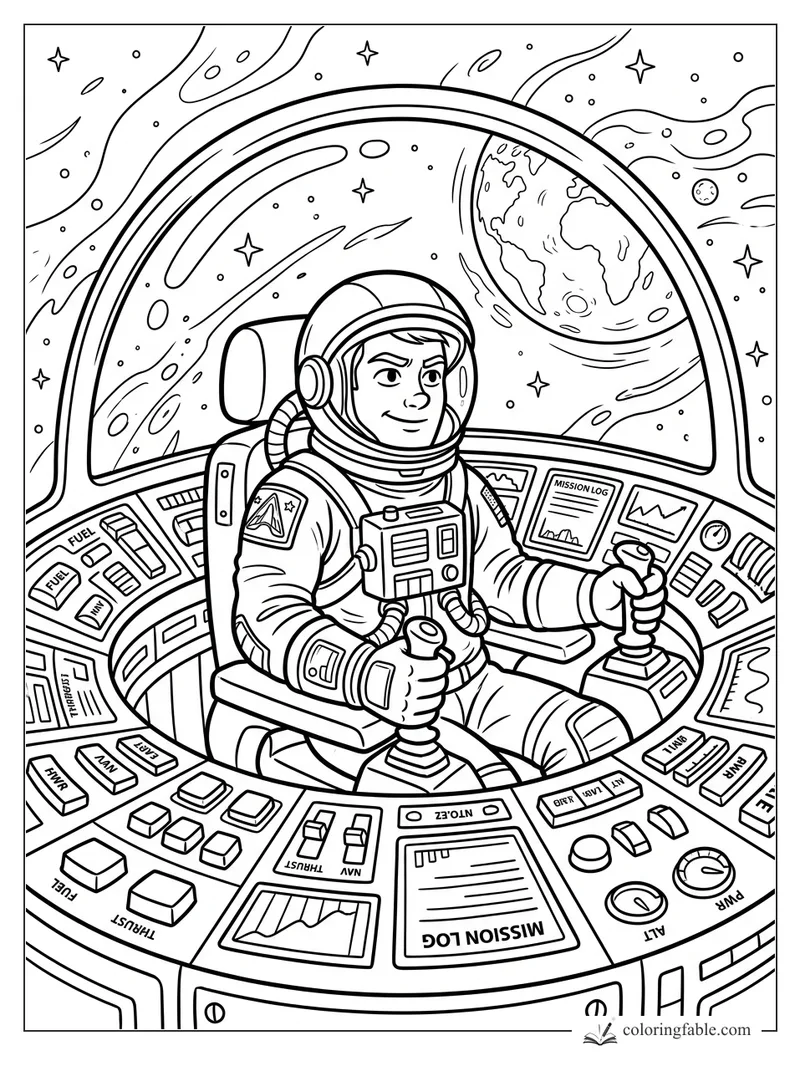 Cartoon astronaut in a cockpit holding joysticks with Earth, stars, planets, and mission logs outside the window.