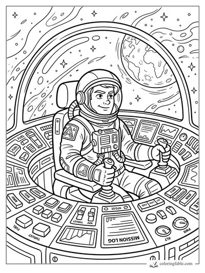 Cartoon astronaut in a cockpit holding joysticks with Earth, stars, planets, and mission logs outside the window.