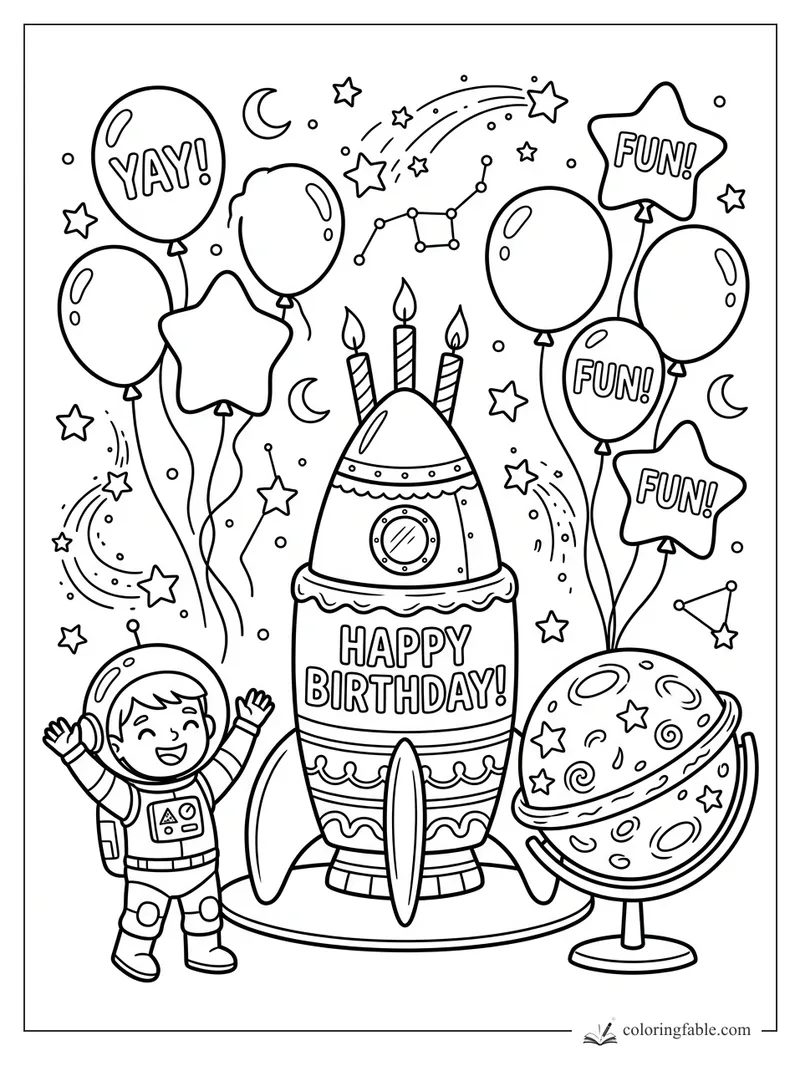 Cartoon astronaut cheering beside a birthday rocket with balloons, candles, stars, and a ringed planet.