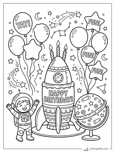 Cartoon astronaut cheering beside a birthday rocket with balloons, candles, stars, and a ringed planet.