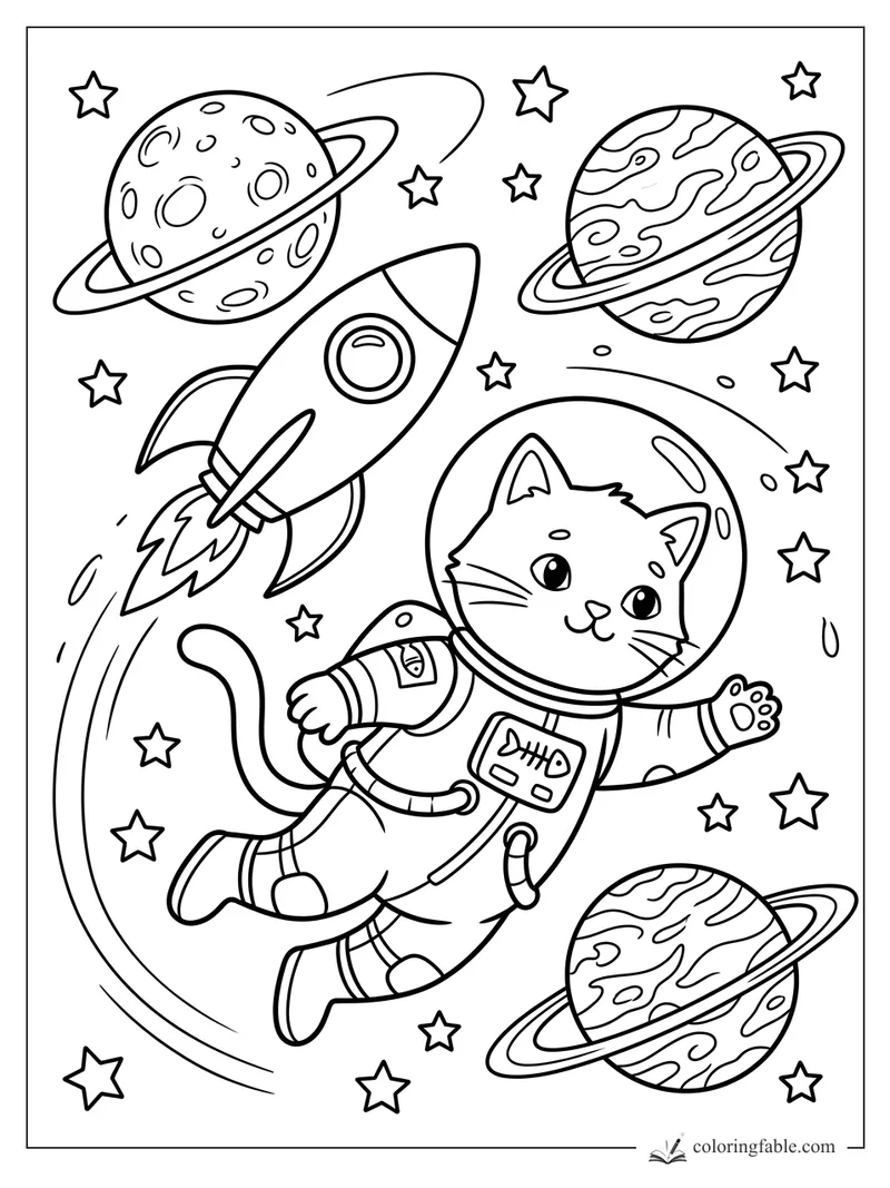Cartoon astronaut cat floating near a rocket, stars, and three ringed planets in space.