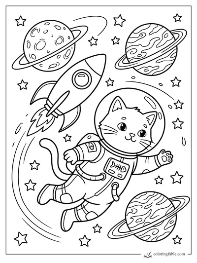 Cartoon astronaut cat floating near a rocket, stars, and three ringed planets in space.