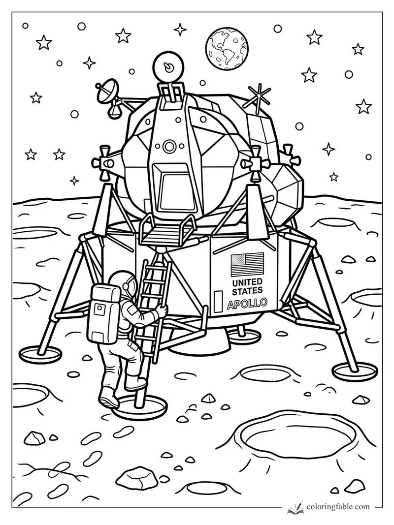 Astronaut climbs the Apollo lunar module ladder on the Moon with Earth, stars, craters, and landing legs.