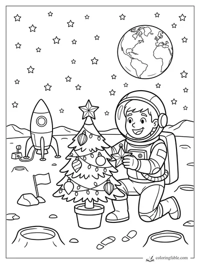 Cartoon astronaut decorating a Christmas tree on the moon with rocket, Earth, stars, craters, and flag