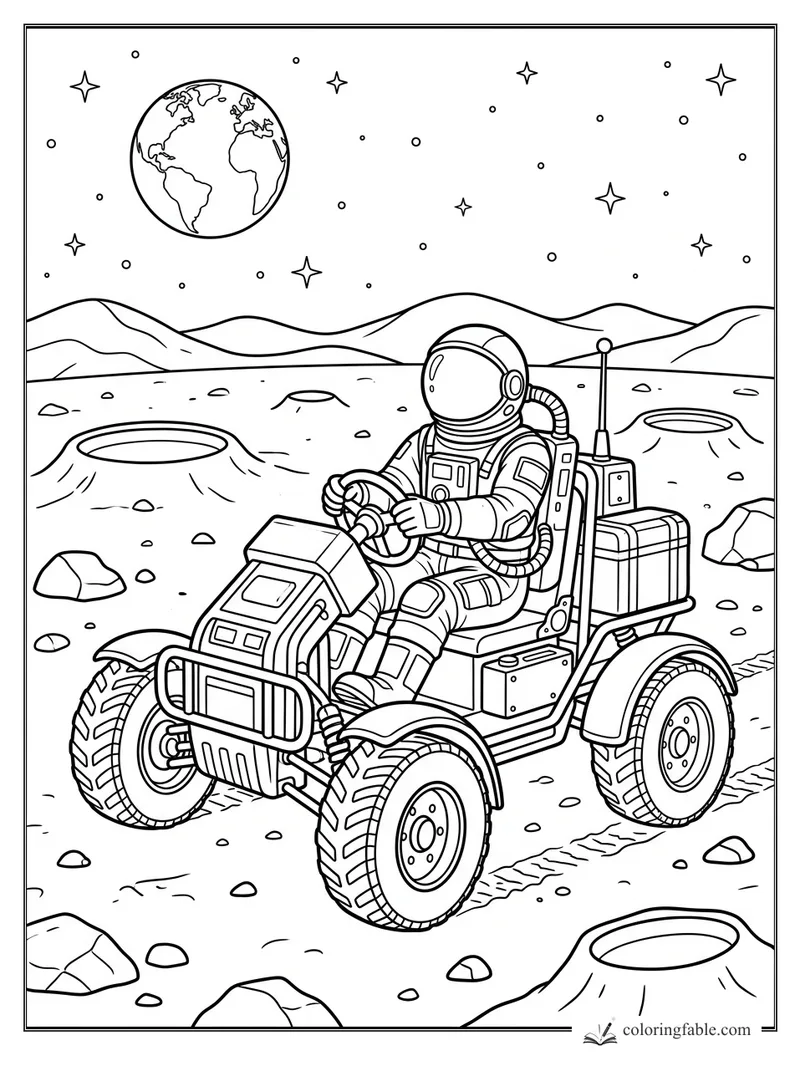 Astronaut driving a moon rover across a rocky lunar surface with Earth, stars, hills, and craters behind.