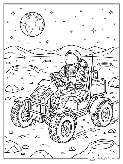 Astronaut driving a moon rover across a rocky lunar surface with Earth, stars, hills, and craters behind.