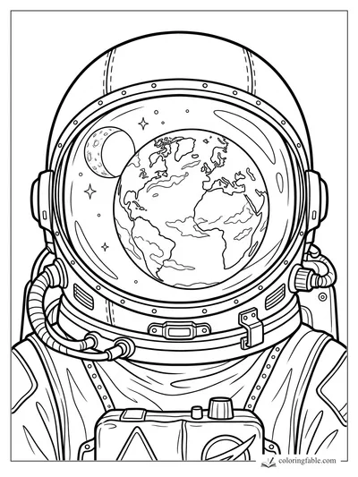 Realistic astronaut helmet with Earth, crescent moon, stars, hoses, and suit details to color
